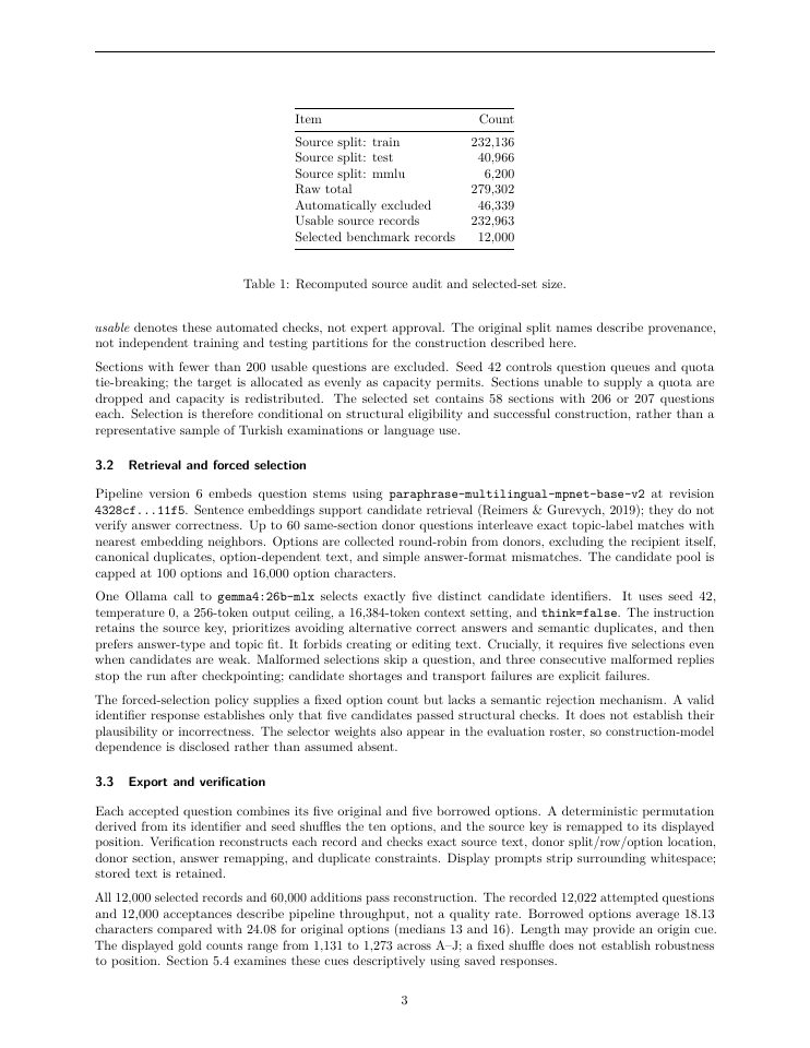 Page 3 of Turkish MMLU Pro: Traceable Option Augmentation and Its Validity Limits in Turkish Multiple-Choice Evaluation