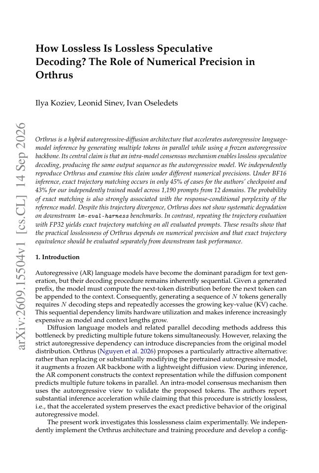 First page of How Lossless Is Lossless Speculative Decoding? The Role of Numerical Precision in Orthrus