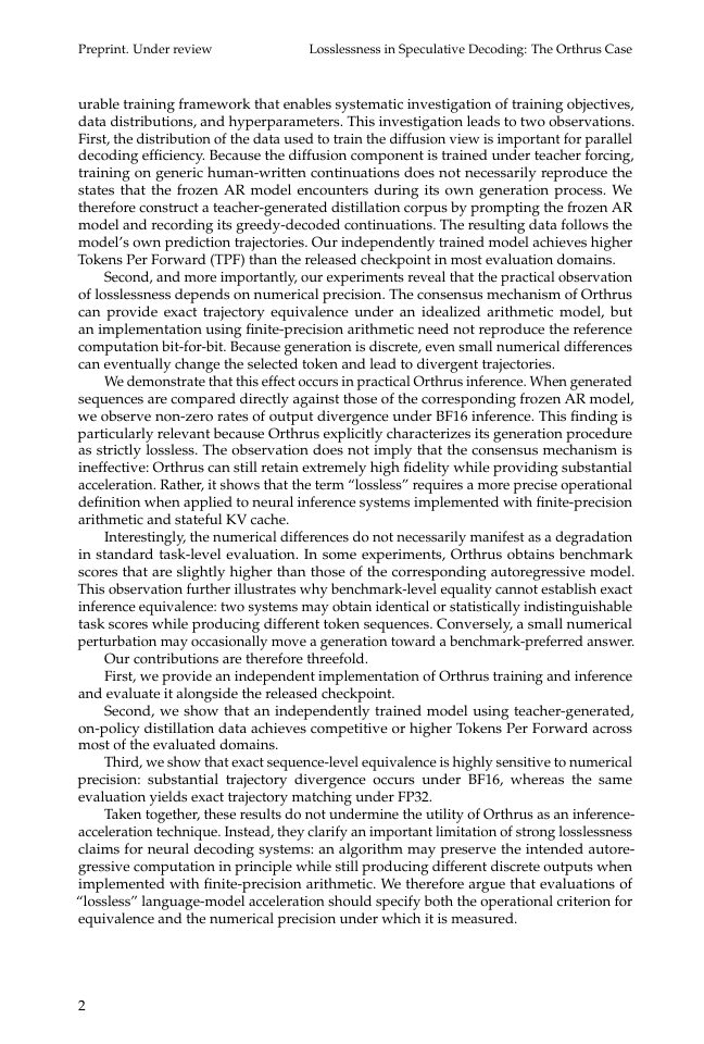 Page 2 of How Lossless Is Lossless Speculative Decoding? The Role of Numerical Precision in Orthrus