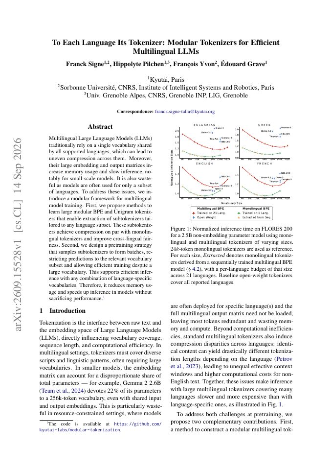 First page of To Each Language Its Tokenizer: Modular Tokenizers for Efficient Multilingual LLMs