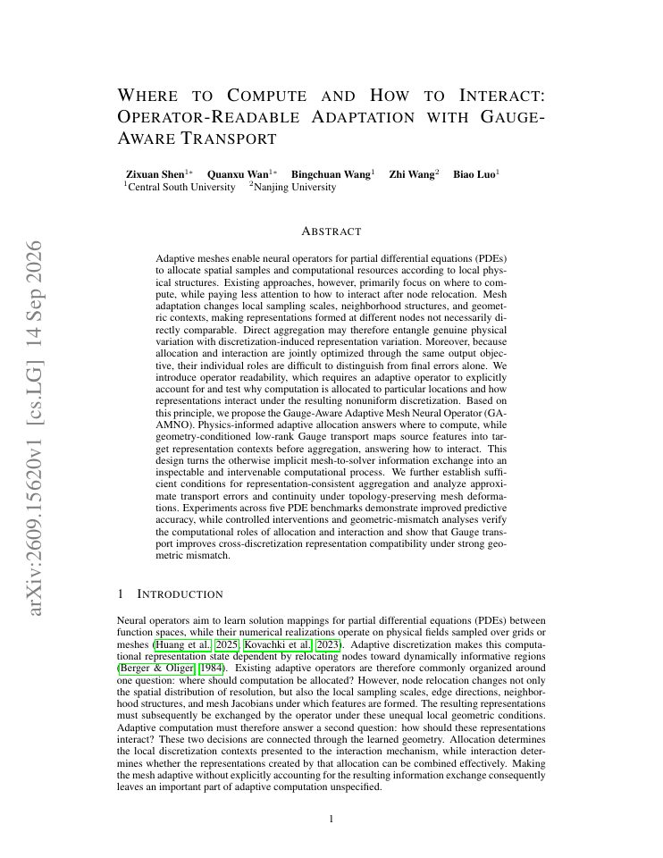 First page of Where to Compute and How to Interact: Operator-Readable Adaptation with Gauge-Aware Transport