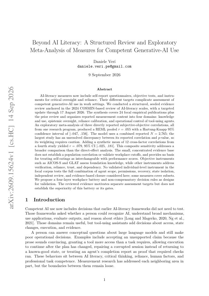 First page of Beyond AI Literacy: A Structured Review and Exploratory Meta-Analysis of Measures for Competent Generative-AI Use