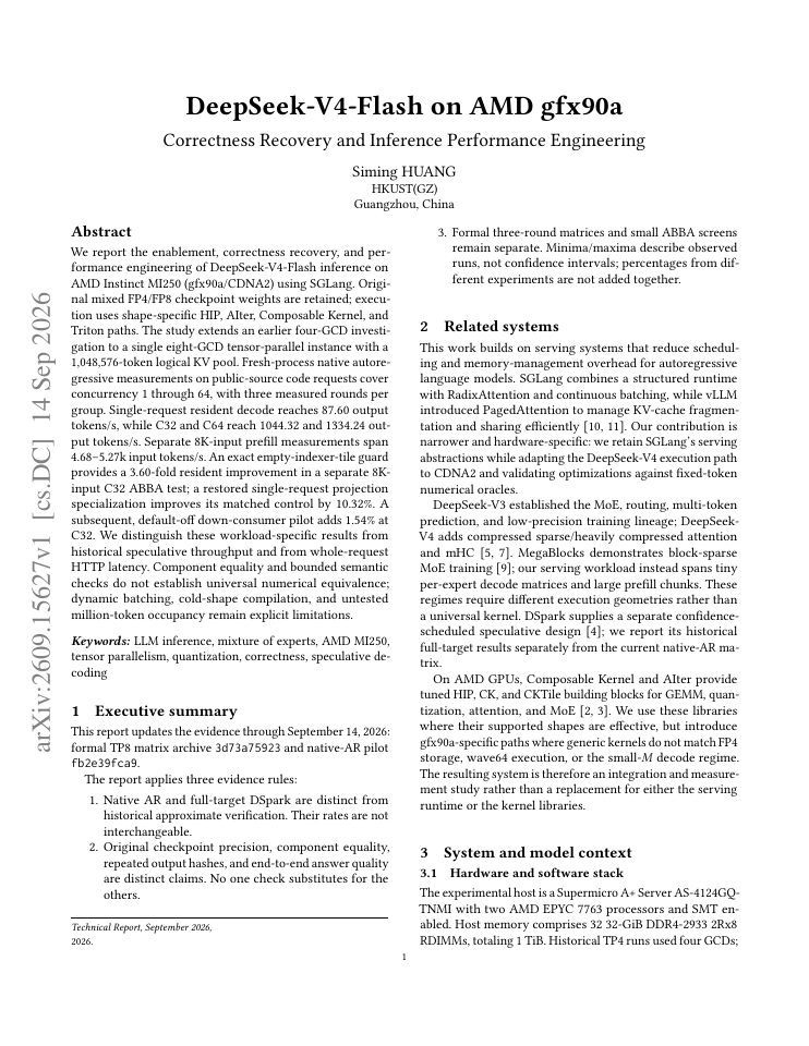 First page of DeepSeek-V4-Flash on AMD gfx90a: Correctness Recovery and Inference Performance Engineering