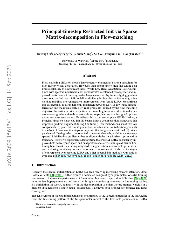 First page of Principal-timestep Restricted Init via Sparse Matrix-decomposition in Flow-matching