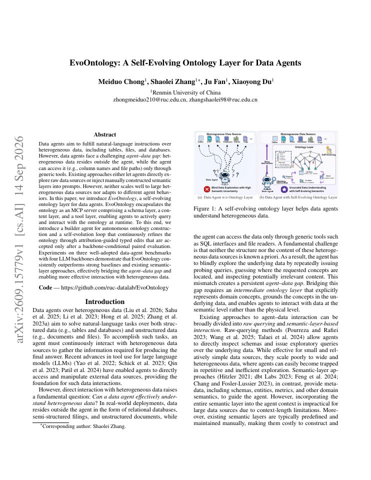 First page of EvoOntology: A Self-Evolving Ontology Layer for Data Agents