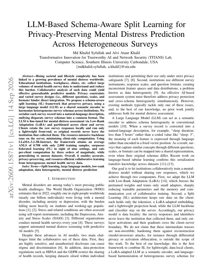 First page of LLM-Based Schema-Aware Split Learning for Privacy-Preserving Mental Distress Prediction Across Heterogeneous Surveys
