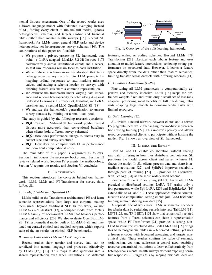Page 2 of LLM-Based Schema-Aware Split Learning for Privacy-Preserving Mental Distress Prediction Across Heterogeneous Surveys
