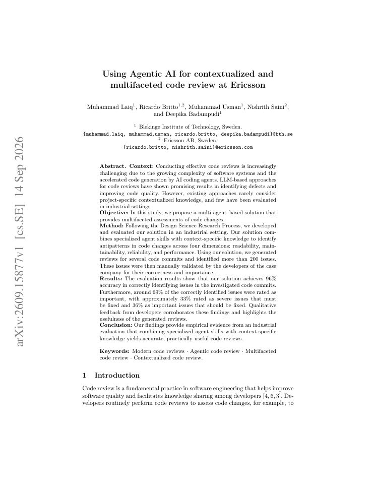 First page of Using Agentic AI for contextualized and multifaceted code review at Ericsson