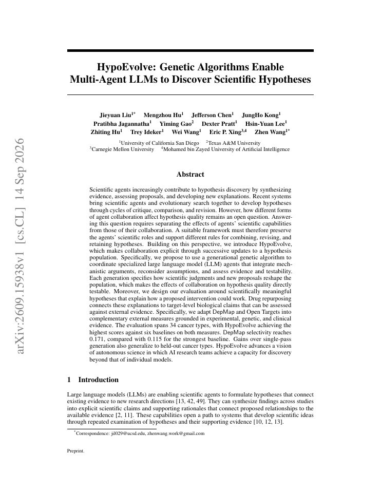 First page of HypoEvolve: Genetic Algorithms Enable Multi-Agent LLMs to Discover Scientific Hypotheses