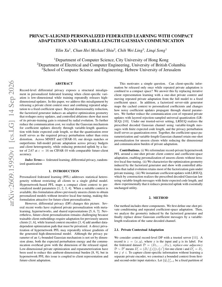 First page of Privacy-Aligned Personalized Federated Learning with Compact Adaptation and Variable-Length Gaussian Communication