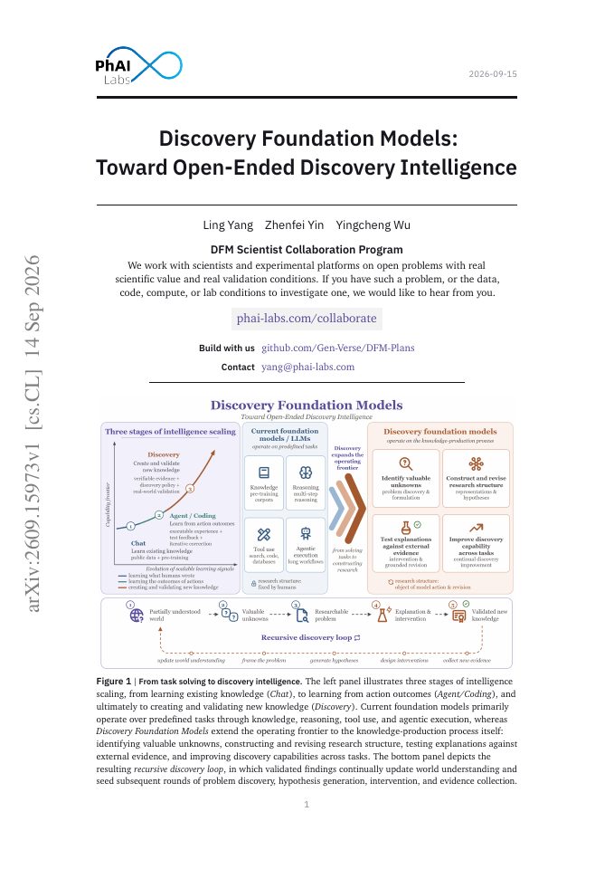 First page of Discovery Foundation Models: Toward Open-Ended Discovery Intelligence