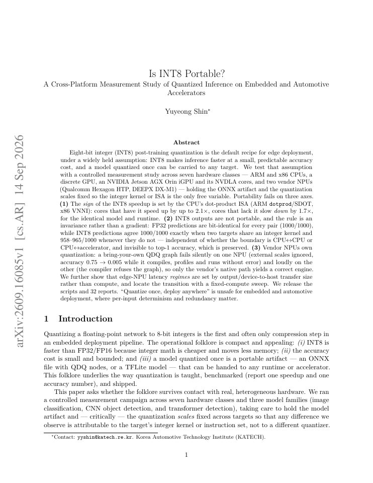First page of Is INT8 Portable? A Cross-Platform Measurement Study of Quantized Inference on Embedded and Automotive Accelerators