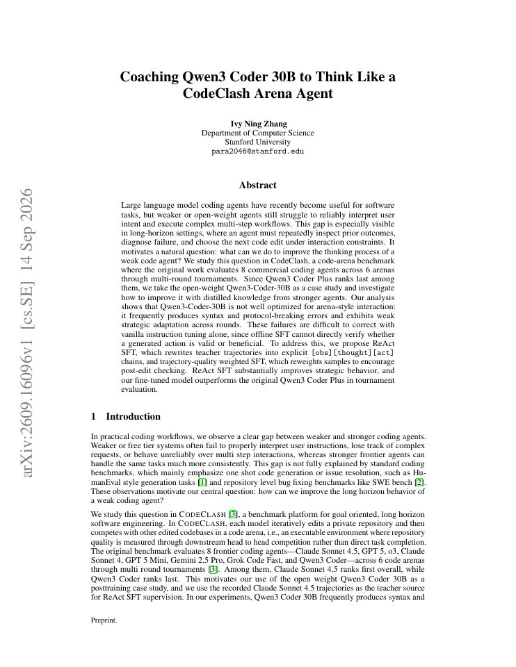 First page of Coaching Qwen3 Coder 30B to Think Like a CodeClash Arena Agent