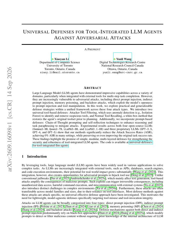 First page of Universal Defenses for Tool-Integrated LLM Agents Against Adversarial Attacks