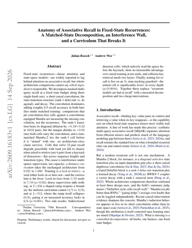 First page of Anatomy of Associative Recall in Fixed-State Recurrences: A Matched-State Decomposition, an Interference Wall, and a Curriculum That Breaks It
