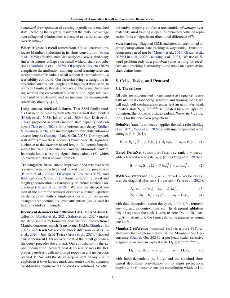 Page 3 of Anatomy of Associative Recall in Fixed-State Recurrences: A Matched-State Decomposition, an Interference Wall, and a Curriculum That Breaks It