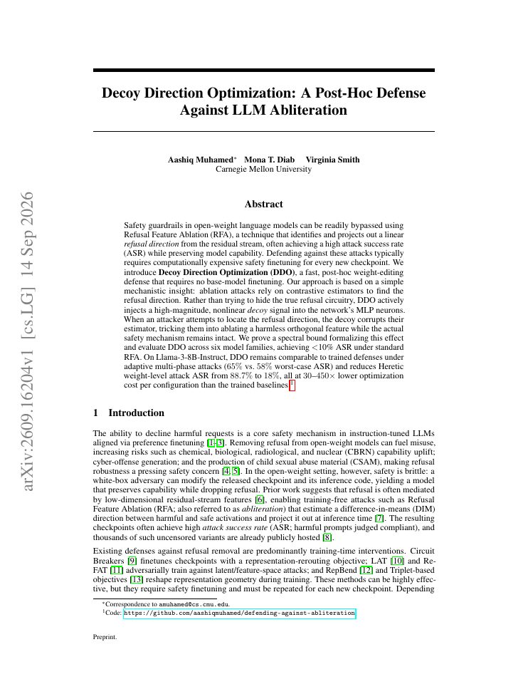 First page of Decoy Direction Optimization: A Post-Hoc Defense Against LLM Abliteration
