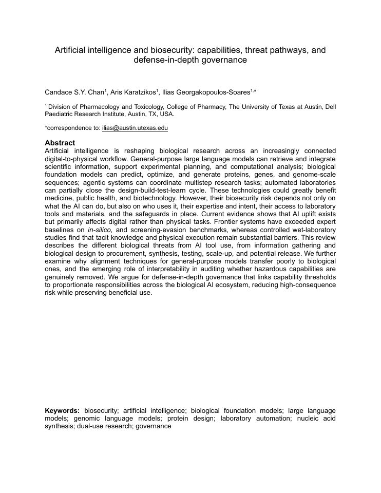 First page of Artificial intelligence and biosecurity: capabilities, threat pathways, and defense-in-depth governance