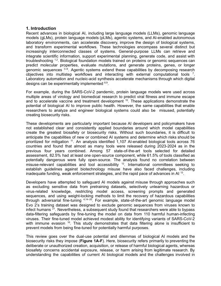 Page 2 of Artificial intelligence and biosecurity: capabilities, threat pathways, and defense-in-depth governance
