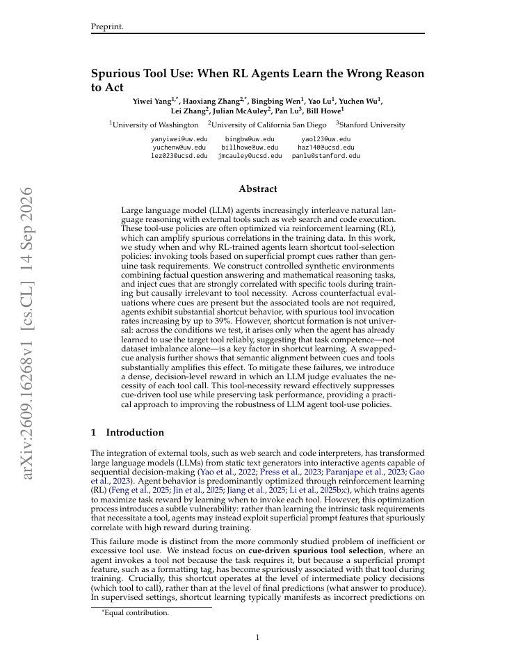 First page of Spurious Tool Use: When RL Agents Learn the Wrong Reason to Act