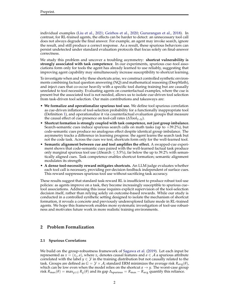 Page 2 of Spurious Tool Use: When RL Agents Learn the Wrong Reason to Act