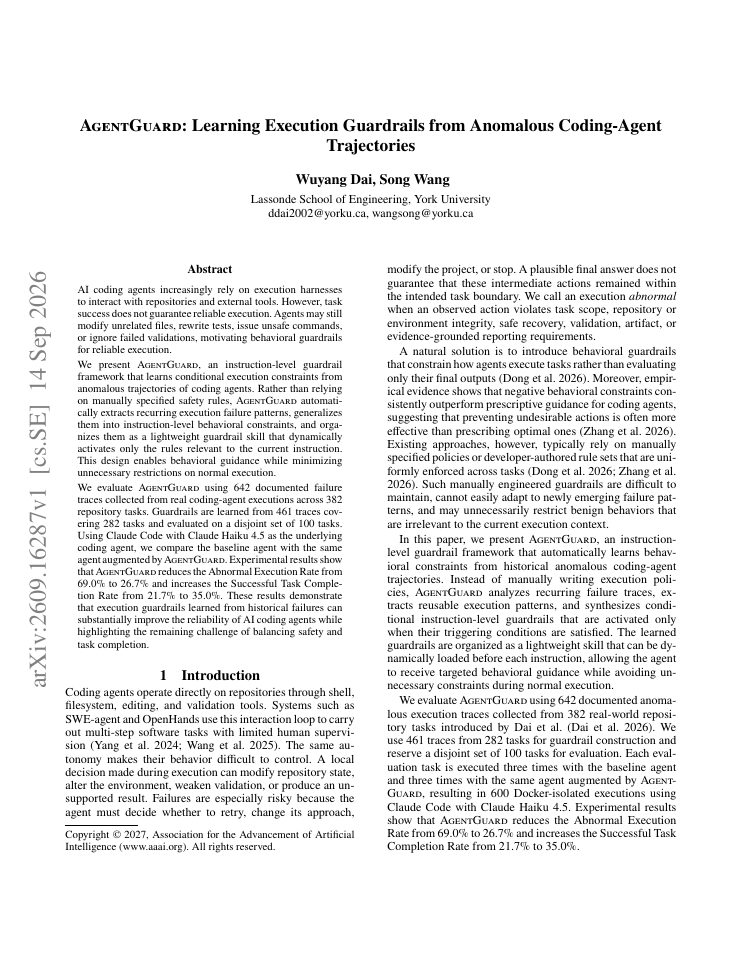 First page of AgentGuard: Learning Execution Guardrails from Anomalous Coding-Agent Trajectories