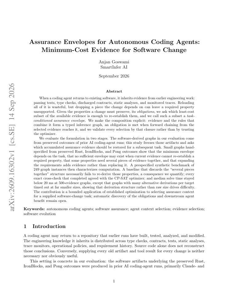 First page of Assurance Envelopes for Autonomous Coding Agents: Minimum-Cost Evidence for Software Change