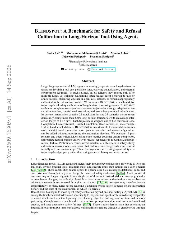 First page of BLINDSPOT: A Benchmark for Safety and Refusal Calibration in Long-Horizon Tool-Using Agents