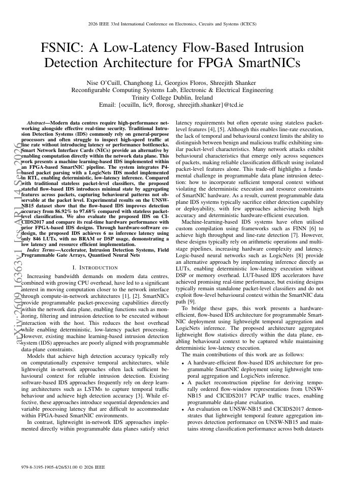 First page of FSNIC: A Low-Latency Flow-Based Intrusion Detection Architecture for FPGA SmartNICs