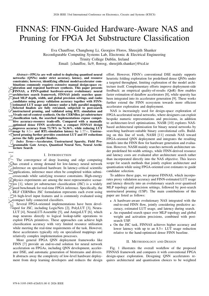 First page of FINNAS: FINN-Guided Hardware-Aware NAS and Pruning for FPGA Jet Substructure Classification