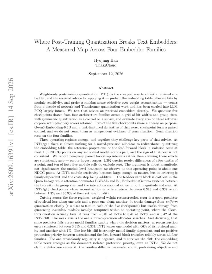 First page of Where Post-Training Quantization Breaks Text Embedders: A Measured Map Across Four Embedder Families