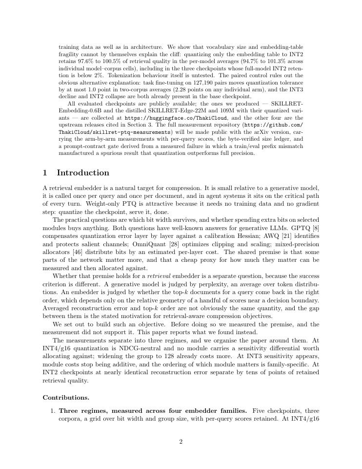 Page 2 of Where Post-Training Quantization Breaks Text Embedders: A Measured Map Across Four Embedder Families