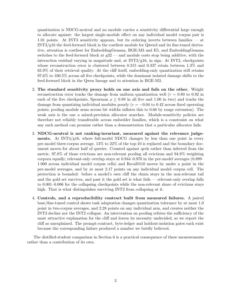 Page 3 of Where Post-Training Quantization Breaks Text Embedders: A Measured Map Across Four Embedder Families