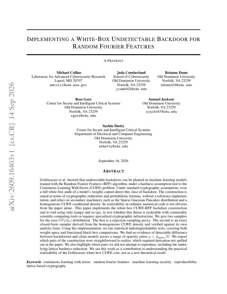 First page of Implementing a White-Box Undetectable Backdoor for Random Fourier Features