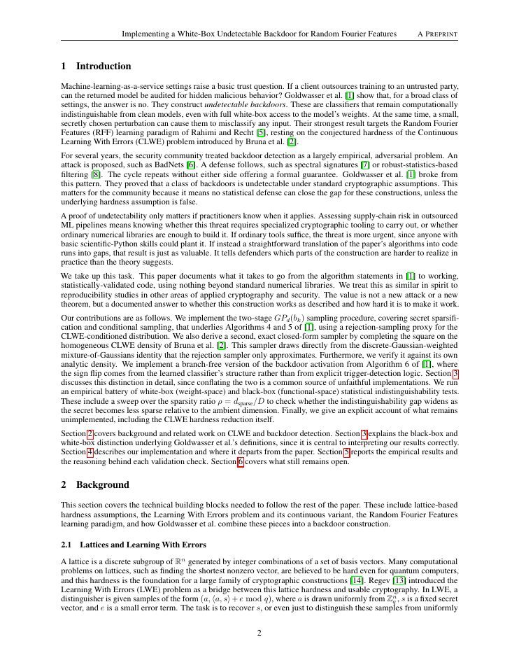 Page 2 of Implementing a White-Box Undetectable Backdoor for Random Fourier Features