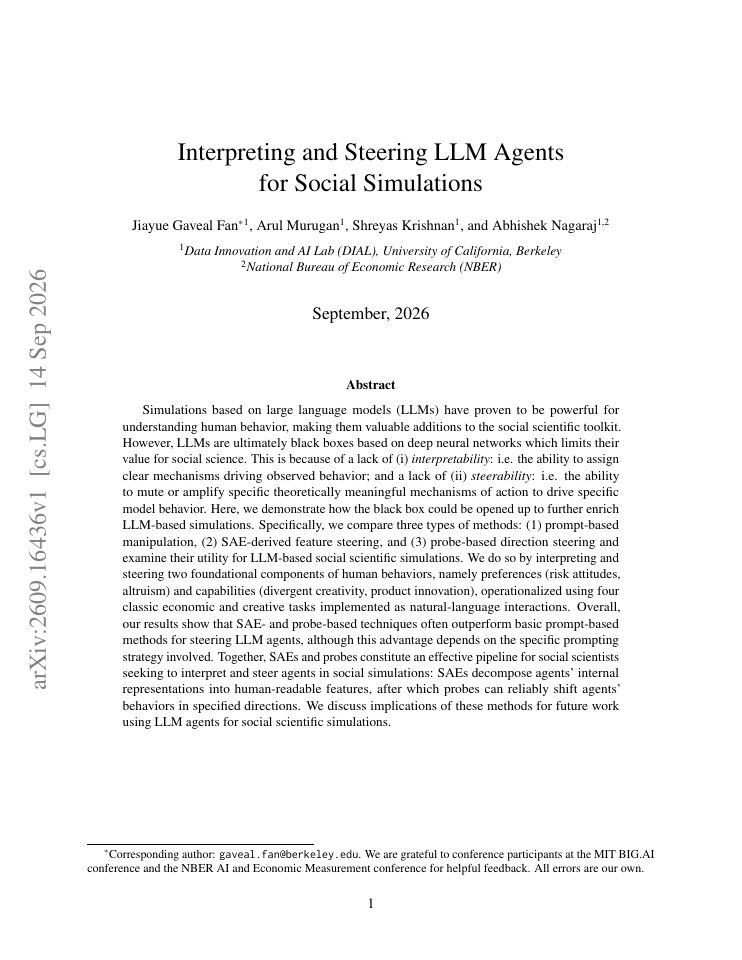 First page of Interpreting and Steering LLM Agents for Social Simulations
