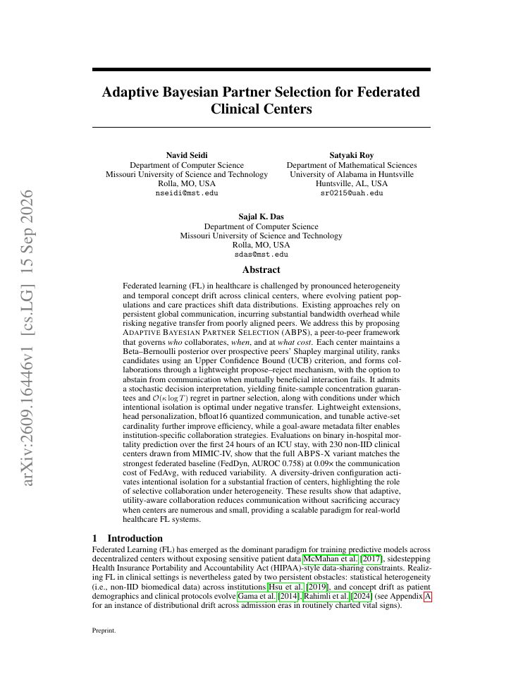 First page of Adaptive Bayesian Partner Selection for Federated Clinical Centers