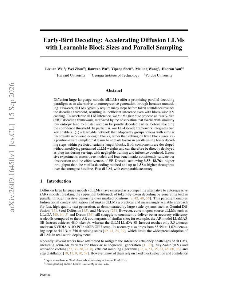 First page of Early-Bird Decoding: Accelerating Diffusion LLMs with Learnable Block Sizes and Parallel Sampling