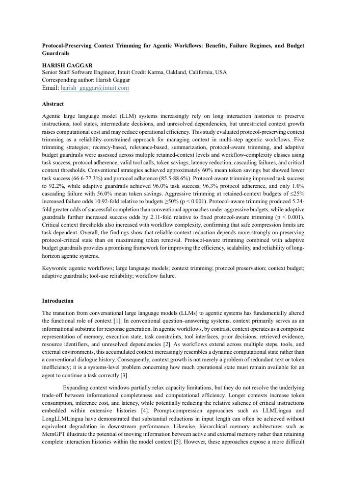 First page of Protocol-Preserving Context Trimming for Agentic Workflows: Benefits, Failure Regimes, and Budget Guardrails