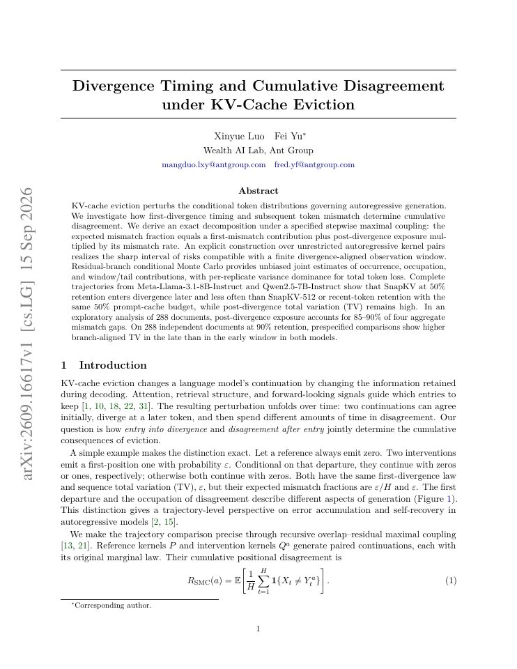 First page of Divergence Timing and Cumulative Disagreement under KV-Cache Eviction