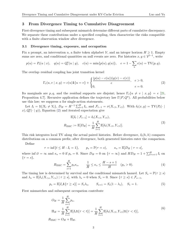 Page 3 of Divergence Timing and Cumulative Disagreement under KV-Cache Eviction