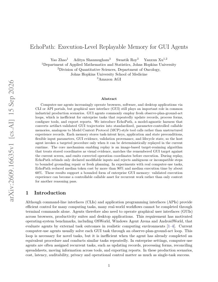 First page of EchoPath: Execution-Level Replayable Memory for GUI Agents