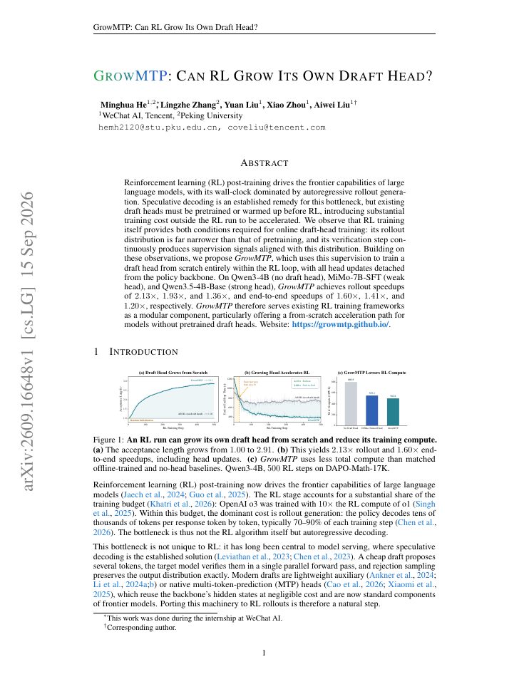First page of GrowMTP: Can RL Grow Its Own Draft Head?