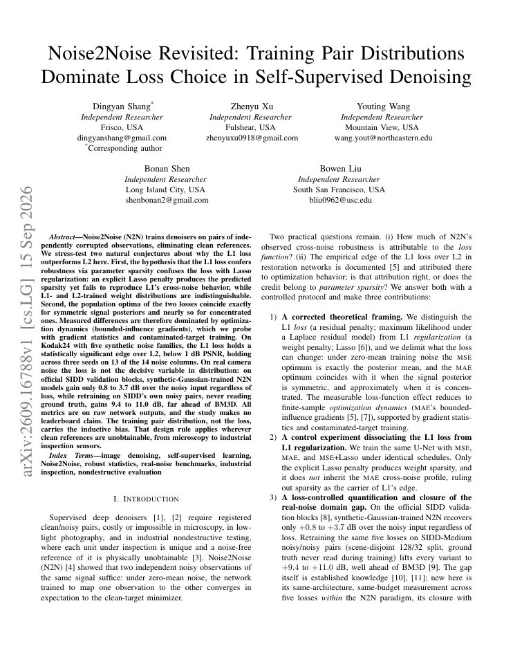 First page of Noise2Noise Revisited: Training Pair Distributions Dominate Loss Choice in Self-Supervised Denoising