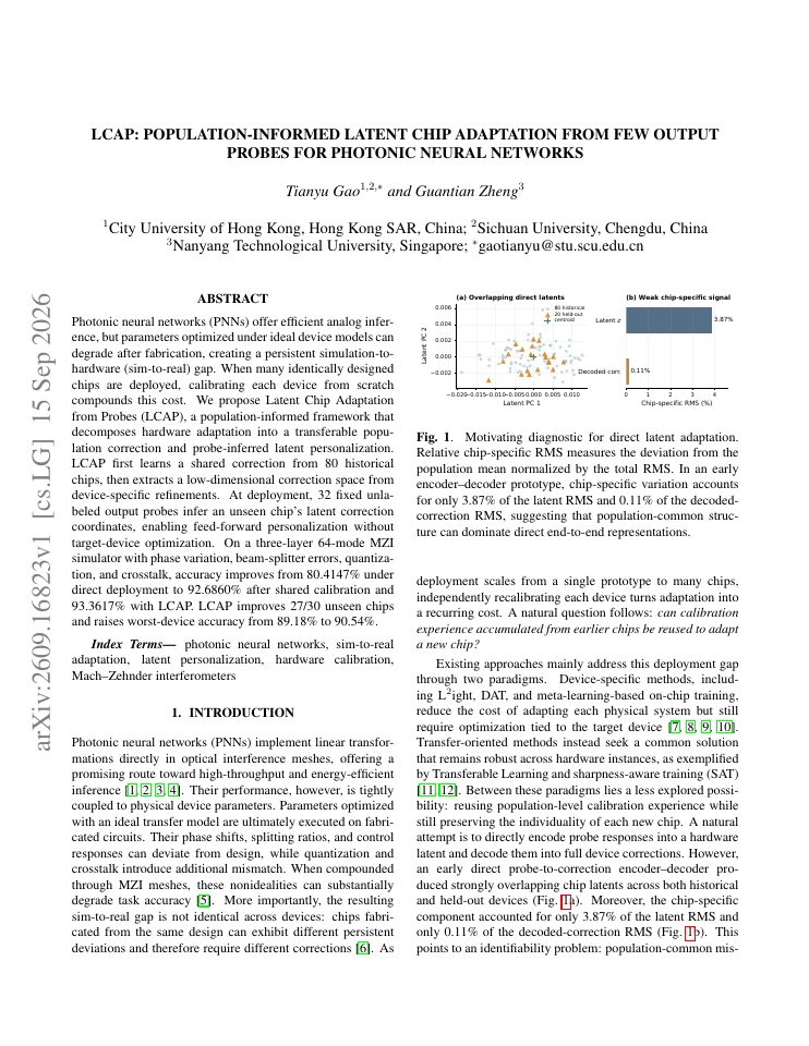 First page of LCAP: Population-Informed Latent Chip Adaptation from Few Output Probes for Photonic Neural Networks