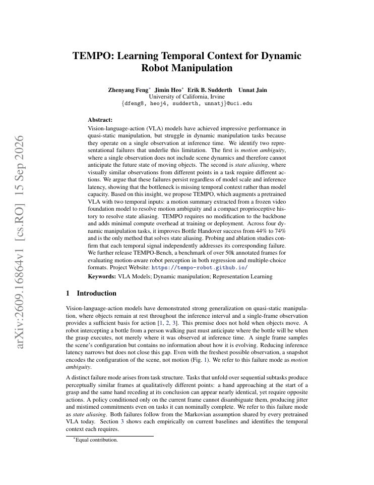 First page of TEMPO: Learning Temporal Context for Dynamic Robot Manipulation