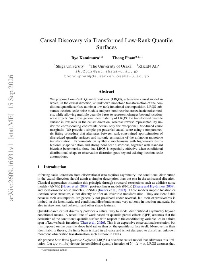 First page of Causal Discovery via Transformed Low-Rank Quantile Surfaces