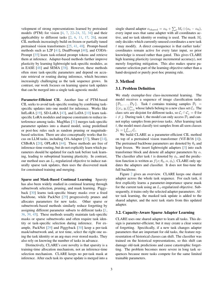 Page 3 of CLARE: Scalable Class-Incremental Continual Learning via a Sparsity-Based Framework
