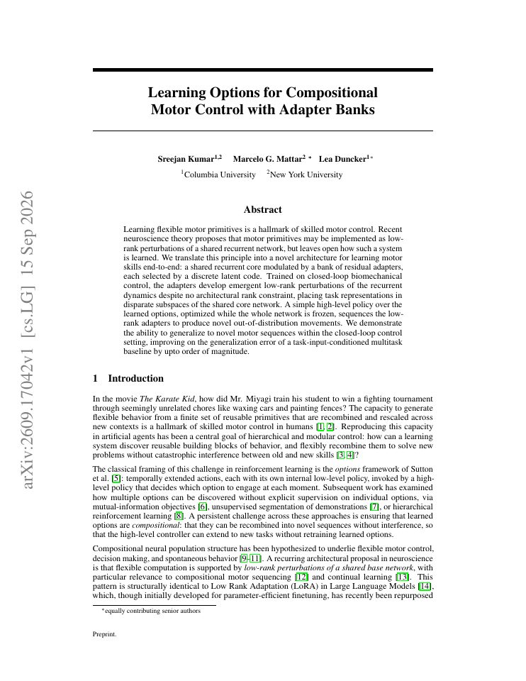 First page of Learning Options for Compositional Motor Control with Adapter Banks