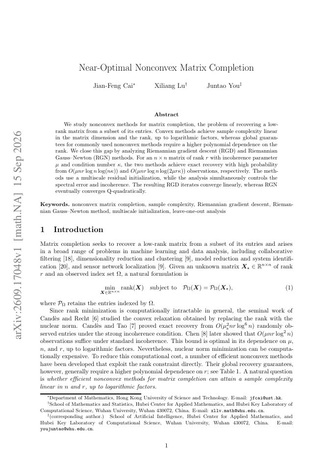 First page of Near-Optimal Nonconvex Matrix Completion